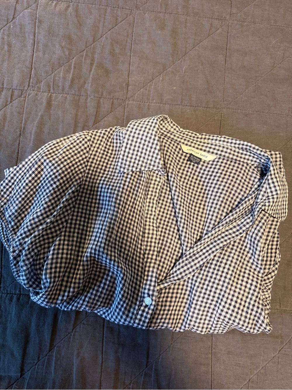 American Eagle Navy/White Gingham Button-Front Short Sleeve Top